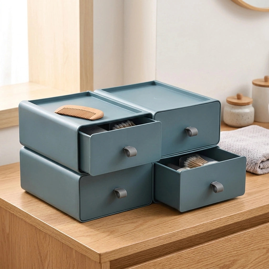 Desktop Storage Box Office Accessories Makeup, Plastic Storage Container Bathroom Storage Stackable Organizer Drawer — Blue-4PCS in a home setting; styling props not included. [fastbatch-113]