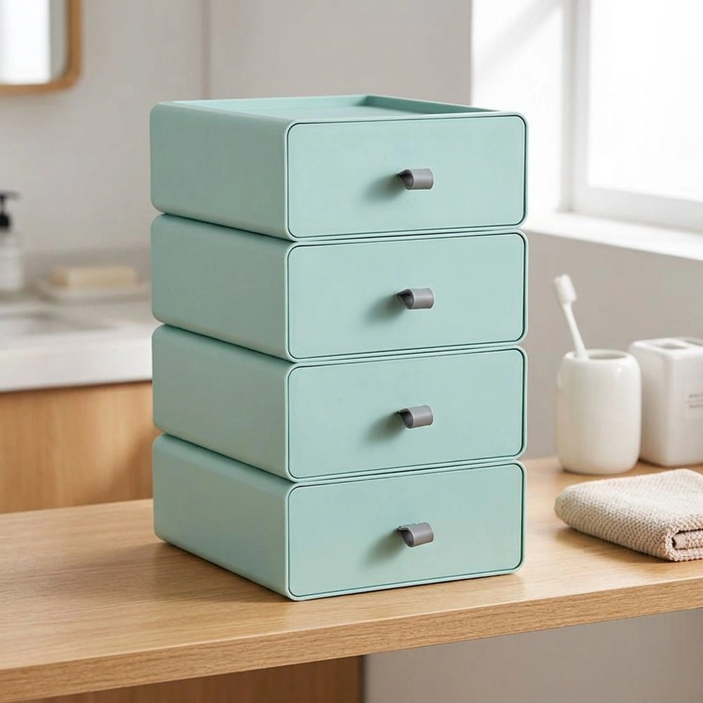 Desktop Storage Box Office Accessories Makeup, Plastic Storage Container Bathroom Storage Stackable Organizer Drawer — Green-4PCS in a home setting; styling props not included. [fastbatch-115]