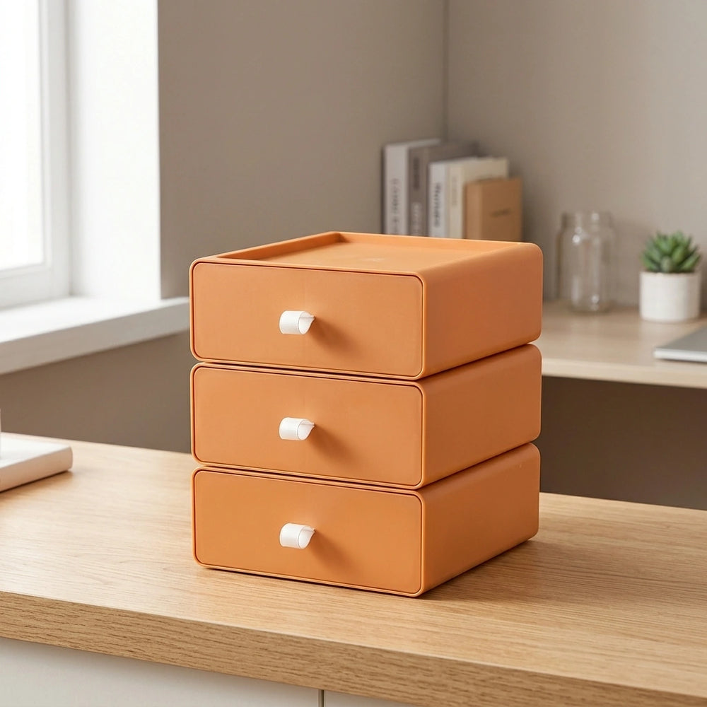 Desktop Storage Box Office Accessories Makeup, Plastic Storage Container Bathroom Storage Stackable Organizer Drawer — Orange-3PCS in a home setting; styling props not included. [fastbatch-116]