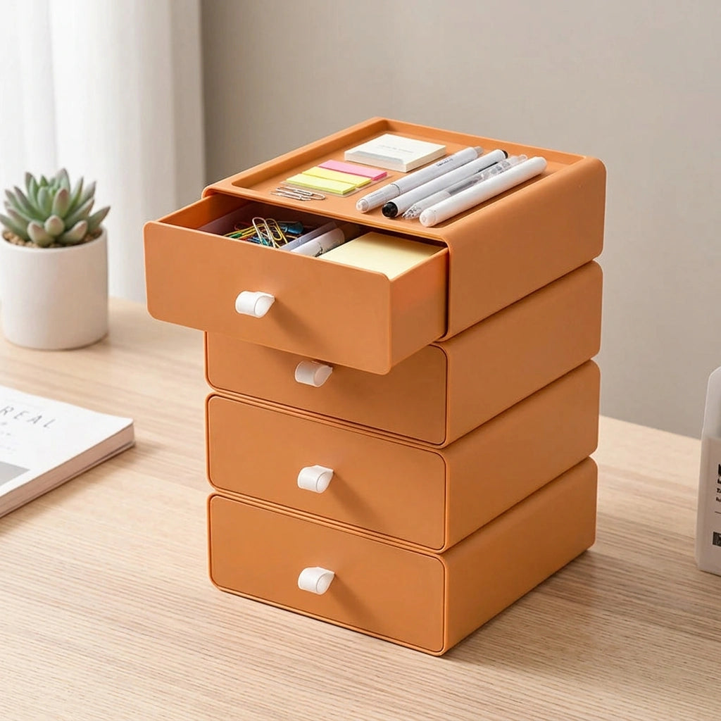 Desktop Storage Box Office Accessories Makeup, Plastic Storage Container Bathroom Storage Stackable Organizer Drawer — Orange-4PCS in a home setting; styling props not included. [fastbatch-117]