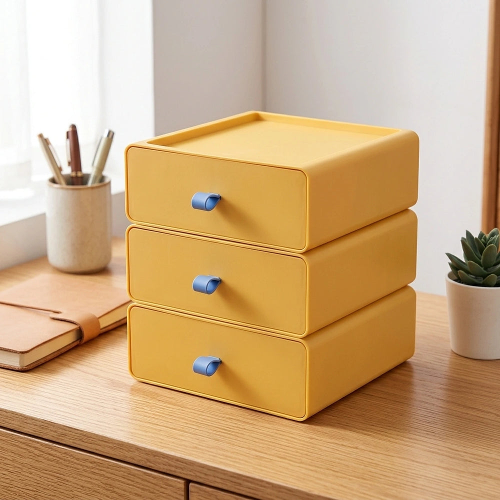 Desktop Storage Box Office Accessories Makeup, Plastic Storage Container Bathroom Storage Stackable Organizer Drawer — Yellow-3PCS in a home setting; styling props not included. [fastbatch-118]
