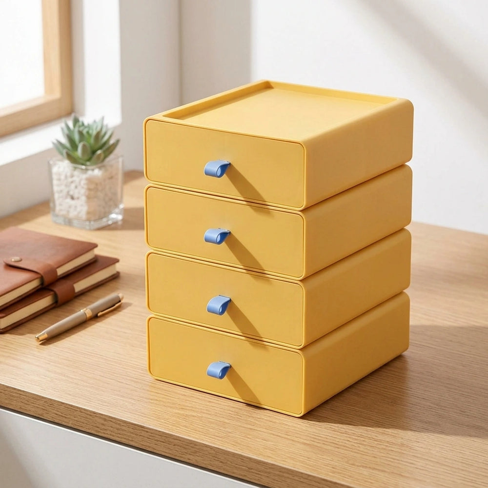 Desktop Storage Box Office Accessories Makeup, Plastic Storage Container Bathroom Storage Stackable Organizer Drawer — Yellow-4PCS in a home setting; styling props not included. [fastbatch-119]