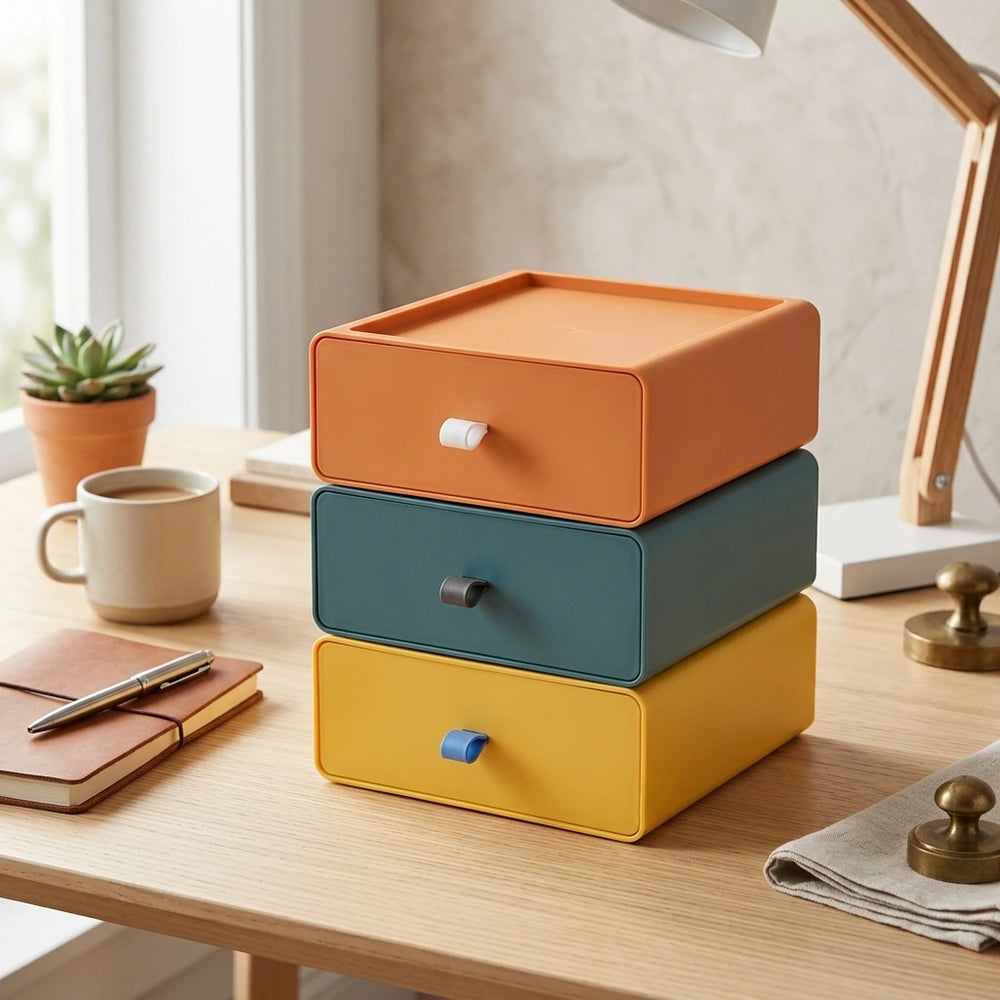 Desktop Storage Box Office Accessories Makeup, Plastic Storage Container Bathroom Storage Stackable Organizer Drawer — 3color A Set-3PCS in a home setting; styling props not included. [fastbatch-120]