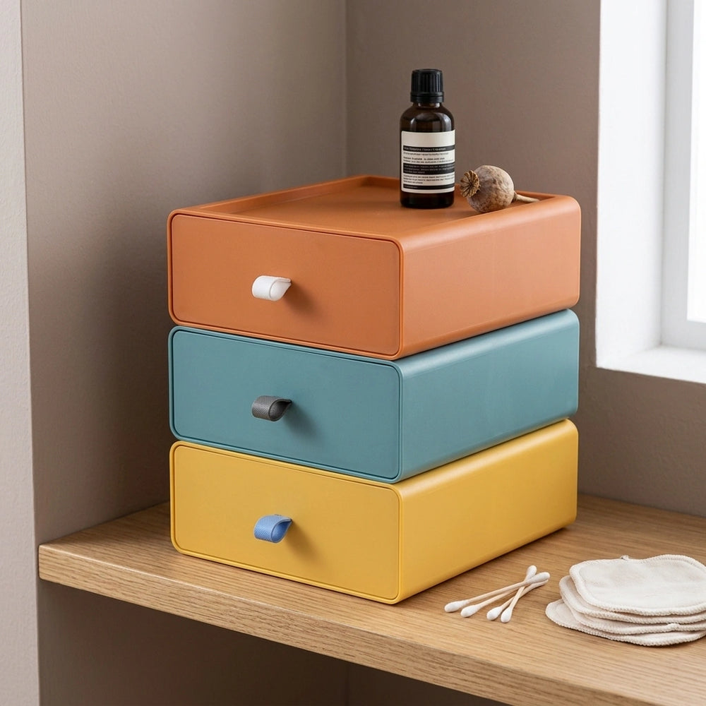 Desktop Storage Box Office Accessories Makeup, Plastic Storage Container Bathroom Storage Stackable Organizer Drawer — 3color B Set-3PCS in a home setting; styling props not included. [fastbatch-121]