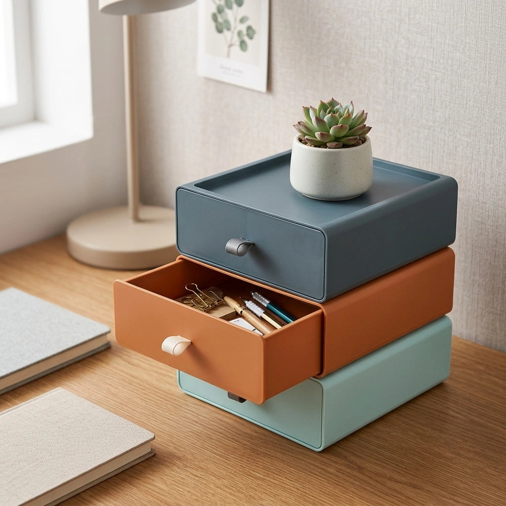 Desktop Storage Box Office Accessories Makeup, Plastic Storage Container Bathroom Storage Stackable Organizer Drawer — 3color C Set-3PCS in a home setting; styling props not included. [fastbatch-122]
