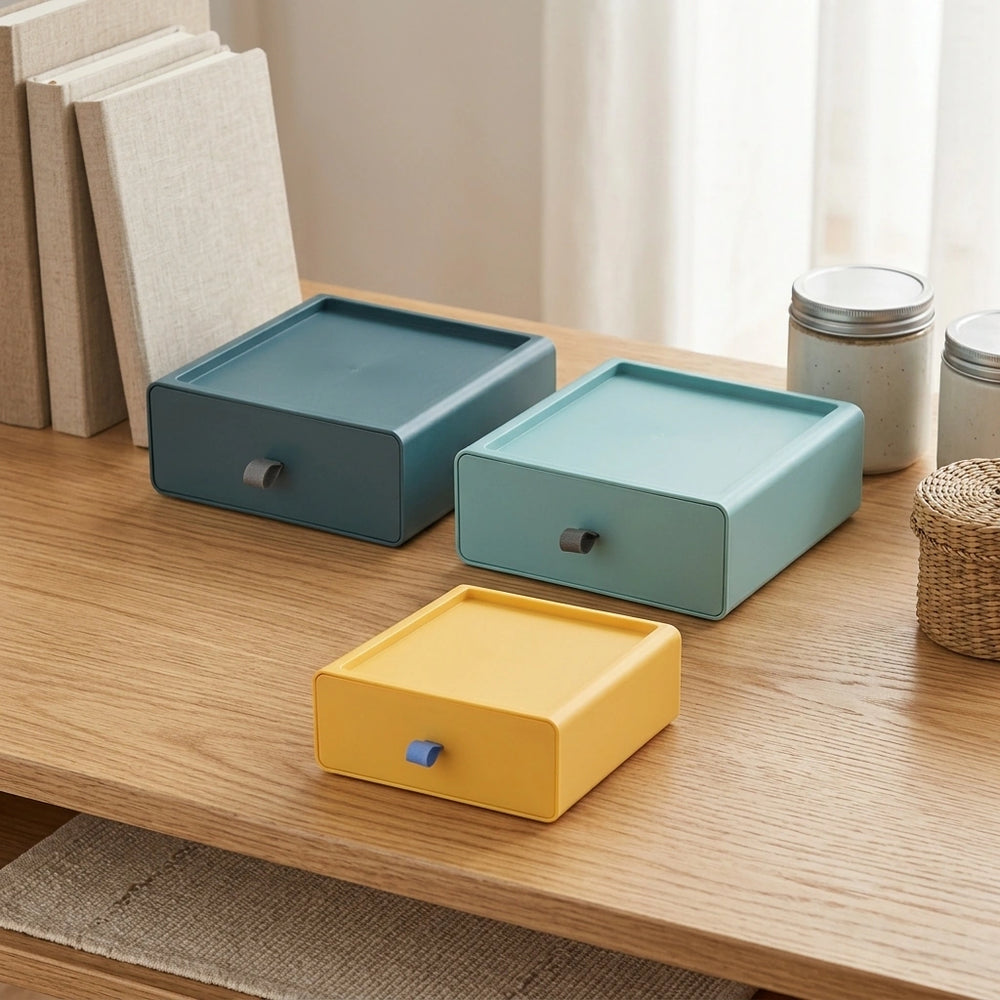 Desktop Storage Box Office Accessories Makeup, Plastic Storage Container Bathroom Storage Stackable Organizer Drawer — 3color D Set-3PCS in a home setting; styling props not included. [fastbatch-123]