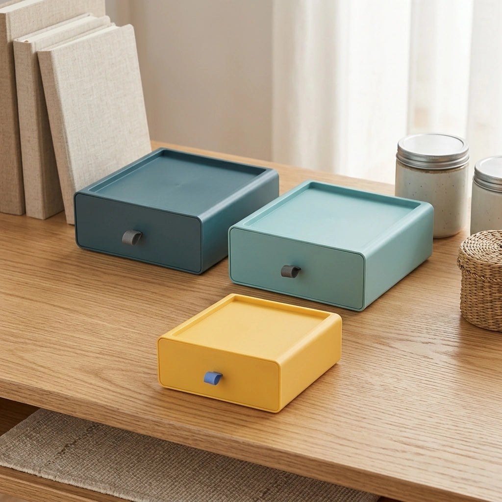 Desktop Storage Box Office Accessories Makeup, Plastic Storage Container Bathroom Storage Stackable Organizer Drawer — 3color D Set-3PCS in a home setting; styling props not included. [fastbatch-123]