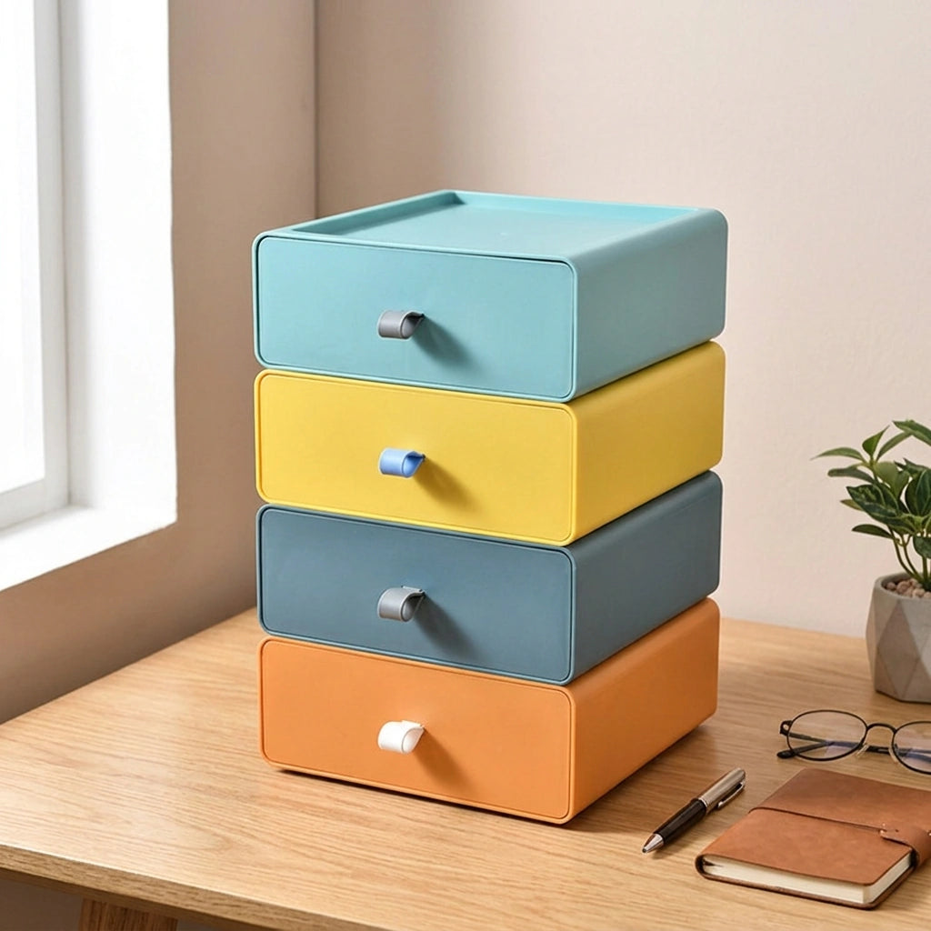 Desktop Storage Box Office Accessories Makeup, Plastic Storage Container Bathroom Storage Stackable Organizer Drawer — 4color Set-4PCS in a home setting; styling props not included. [fastbatch-124]