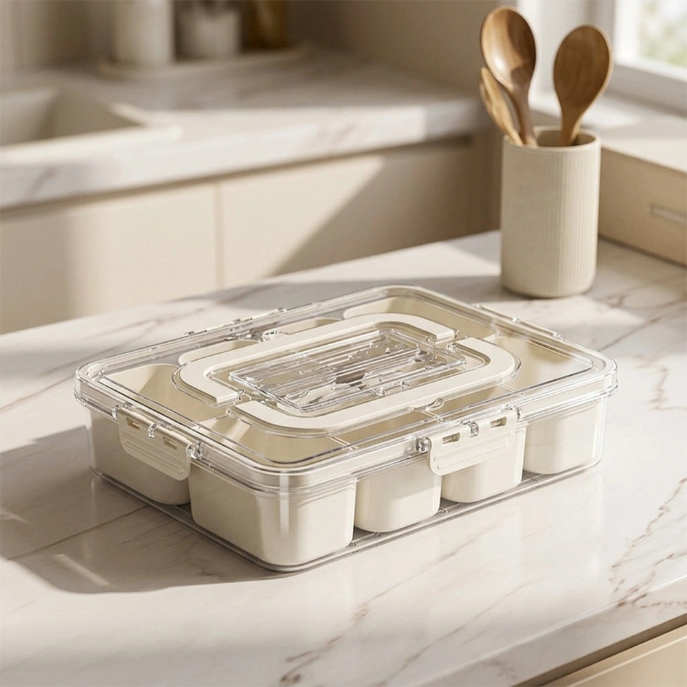 8 Grids Divided Serving Tray Fruits Snack Box Organizer Food Storage Container Seasoning Separator Box Refrigerator Organizer — Salad Crisper-Cream White in a home setting; styling props not included. [fastbatch-130]