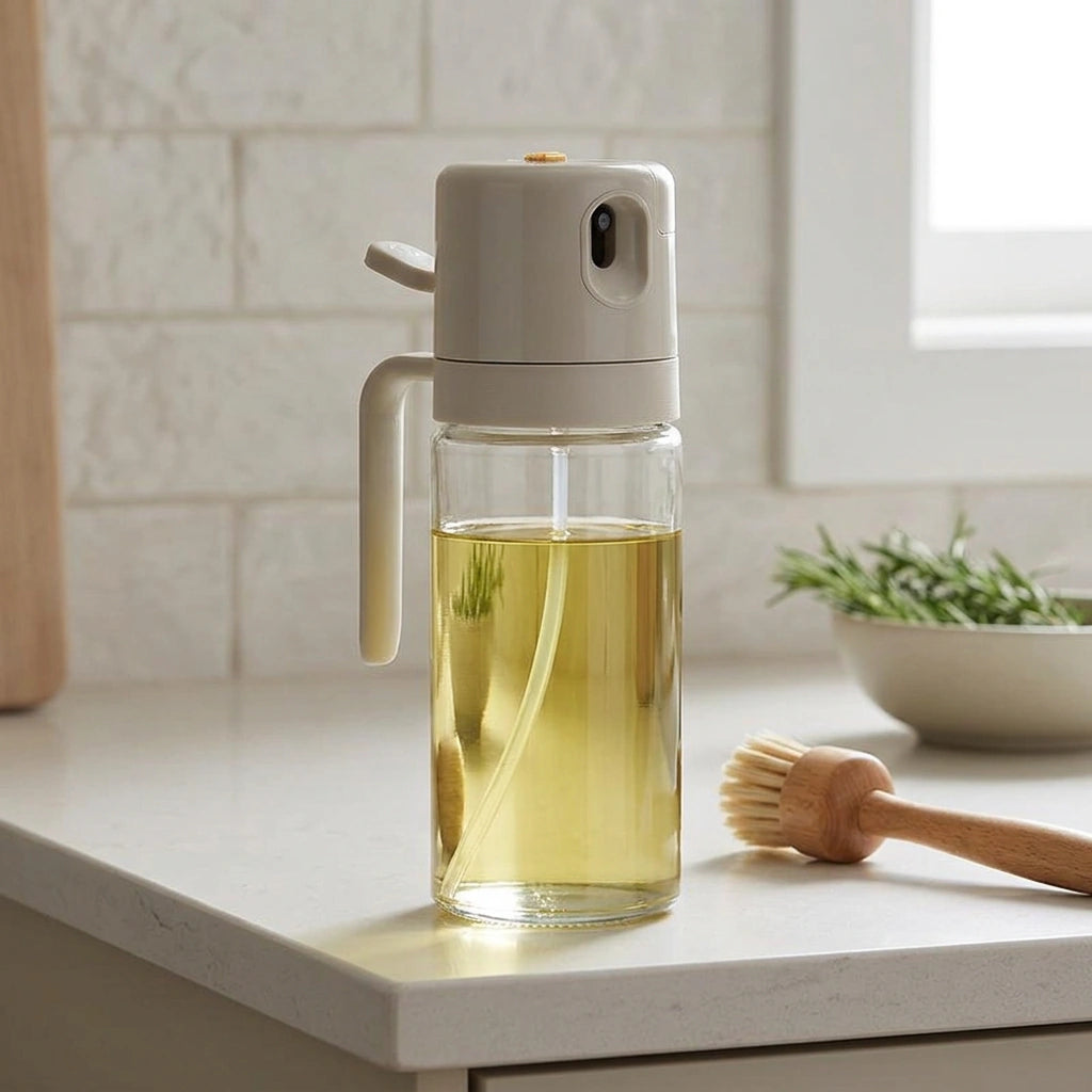 2 In 1 Oil Sprayer Bottle BBQ Cooking Oil Dispenser Olive Oil Pourers Sprayer Kitchen Baking Oil Mister Vinegar Bottle — 550ml Warm Gray-1PC in a home setting; styling props not included. [fastbatch-14]