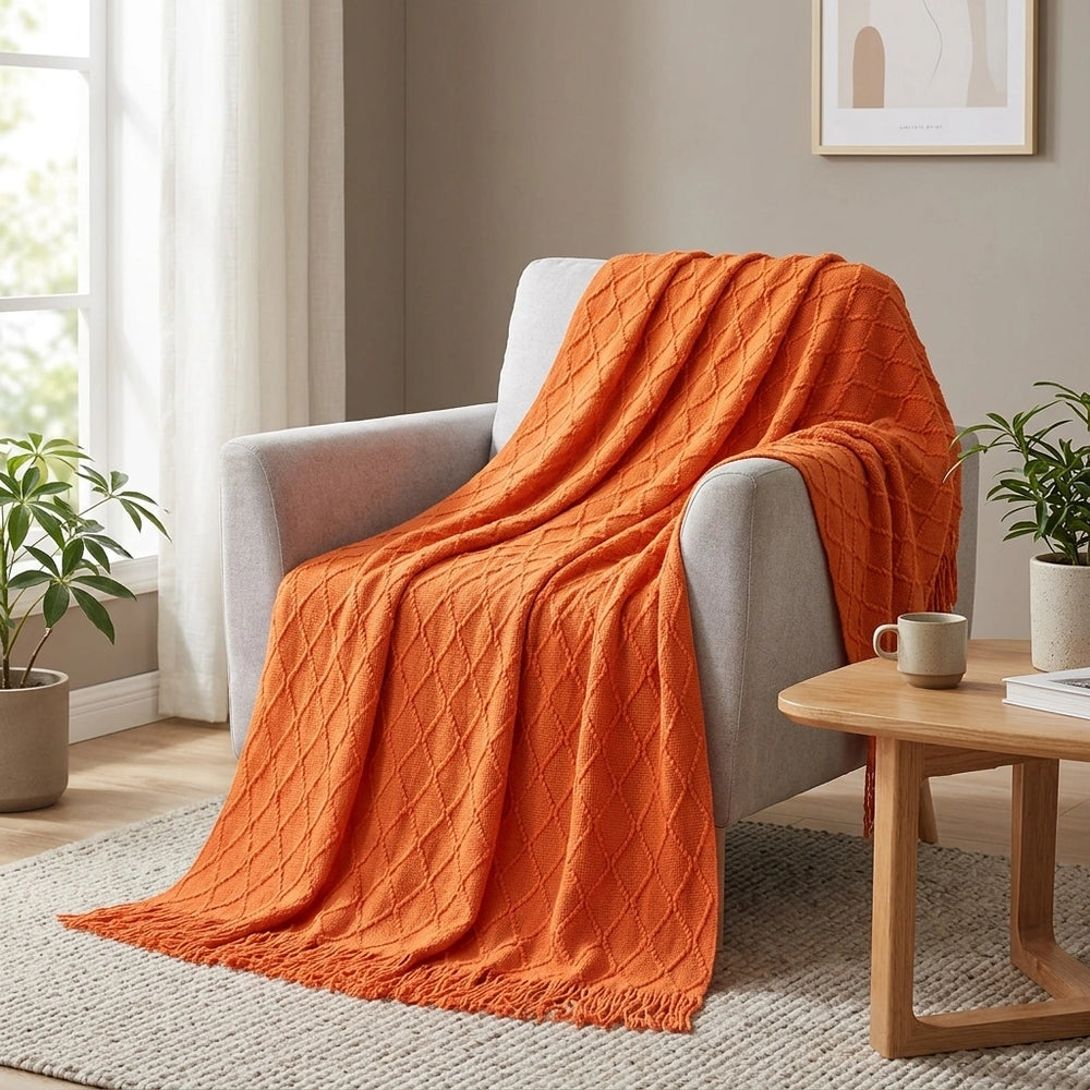 Knitted Blanket Sofa Cover Cover Blanket Office Air Conditioner — Orange-130X230CM Including Tassels in a home setting; styling props not included. [fastbatch-141]