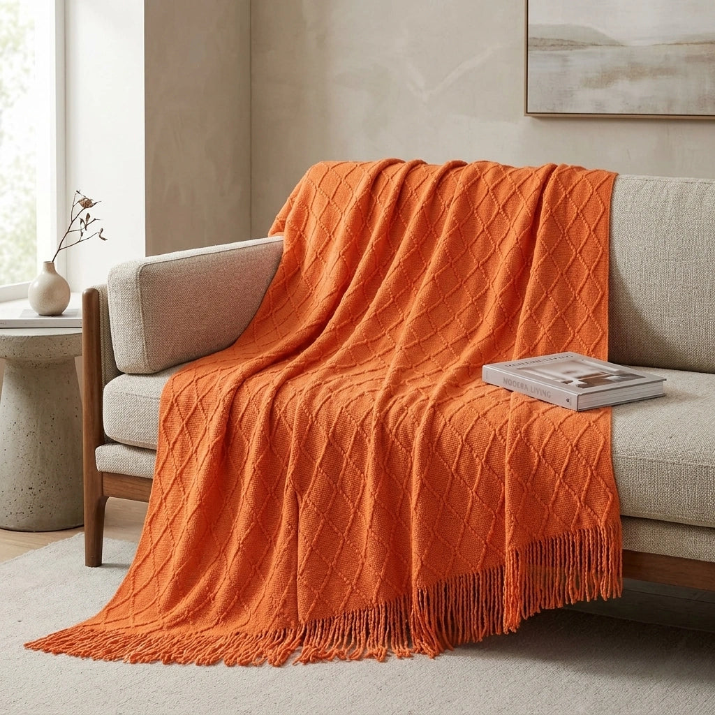 Knitted Blanket Sofa Cover Cover Blanket Office Air Conditioner — Orange-150X230CM Including Tassels in a home setting; styling props not included. [fastbatch-142]