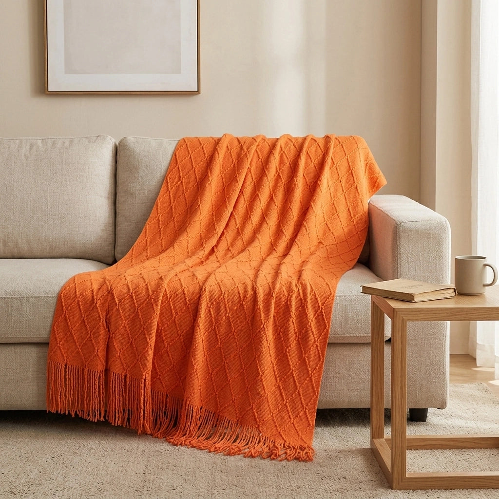 Knitted Blanket Sofa Cover Cover Blanket Office Air Conditioner — Orange-70X240CM Including Tassels in a home setting; styling props not included. [fastbatch-143]