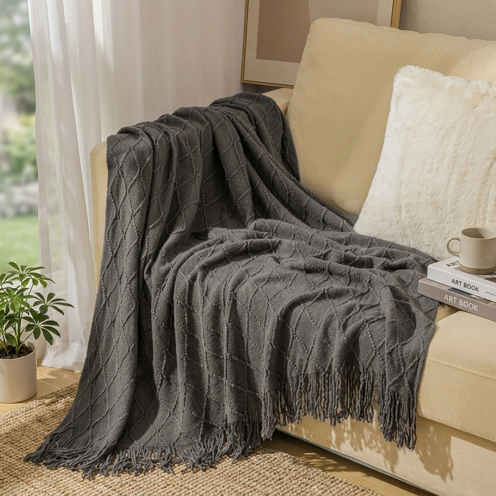 Knitted Blanket Sofa Cover Cover Blanket Office Air Conditioner — Grey-130X230CM Including Tassels in a home setting; styling props not included. [fastbatch-144]