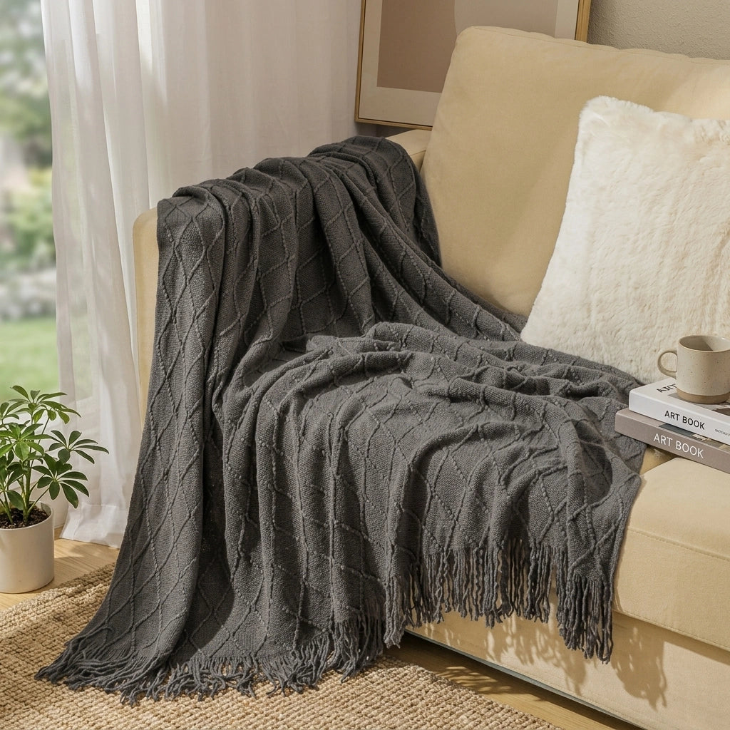 Knitted Blanket Sofa Cover Cover Blanket Office Air Conditioner — Grey-130X230CM Including Tassels in a home setting; styling props not included. [fastbatch-144]