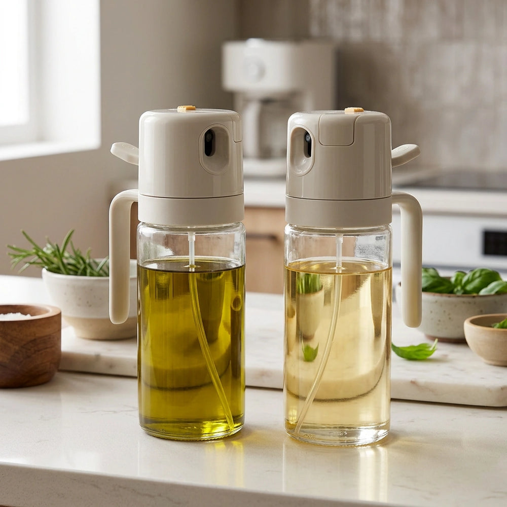 2 In 1 Oil Sprayer Bottle BBQ Cooking Oil Dispenser Olive Oil Pourers Sprayer Kitchen Baking Oil Mister Vinegar Bottle — 550ml Warm Gray-2PCS in a home setting; styling props not included. [fastbatch-15]