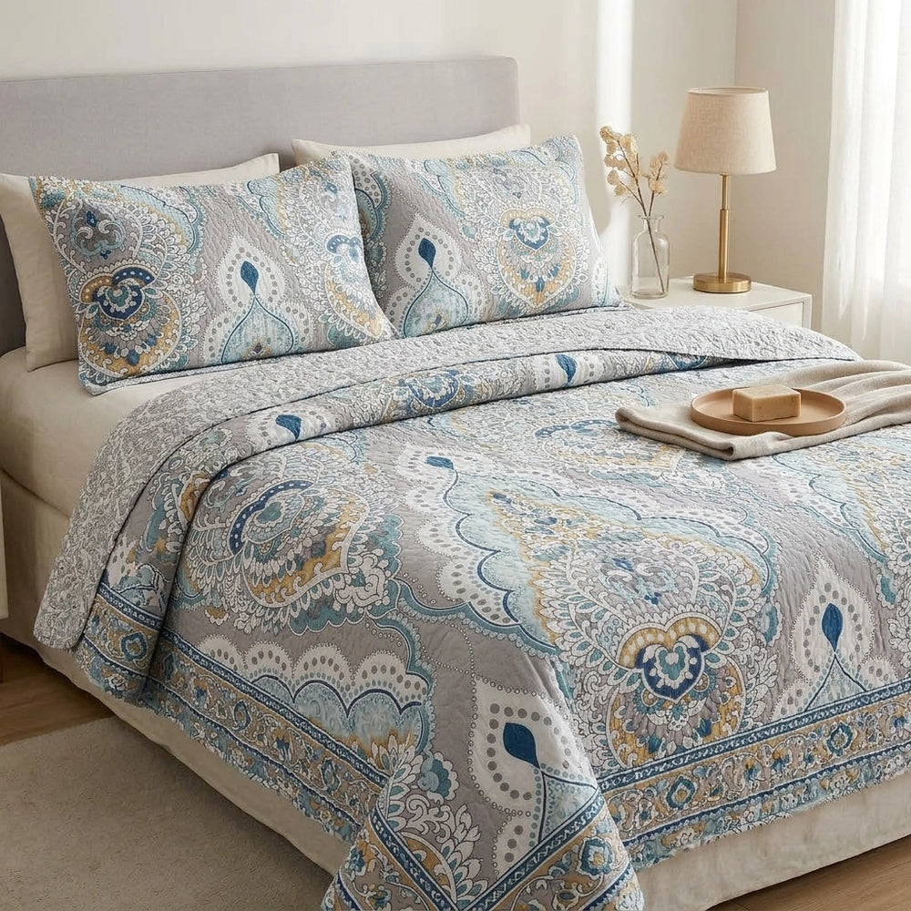 Dense Luxury Pure Cotton Bed Cover Three-piece Bedding Set Cover Blanket — 847 Colors-230X250CM in a home setting; styling props not included. [fastbatch-151]