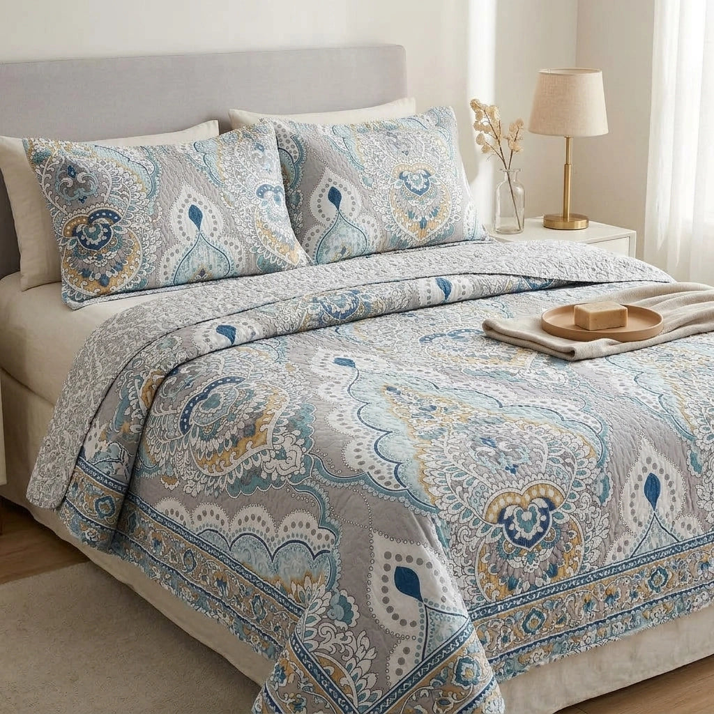 Dense Luxury Pure Cotton Bed Cover Three-piece Bedding Set Cover Blanket — 847 Colors-230X250CM in a home setting; styling props not included. [fastbatch-151]