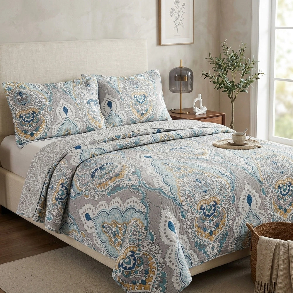 Dense Luxury Pure Cotton Bed Cover Three-piece Bedding Set Cover Blanket — 847 Colors-270X250CM in a home setting; styling props not included. [fastbatch-152]