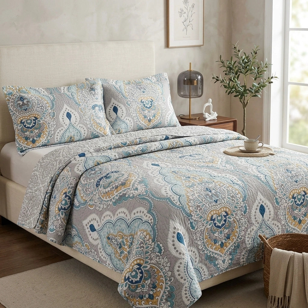 Dense Luxury Pure Cotton Bed Cover Three-piece Bedding Set Cover Blanket — 847 Colors-270X250CM in a home setting; styling props not included. [fastbatch-152]