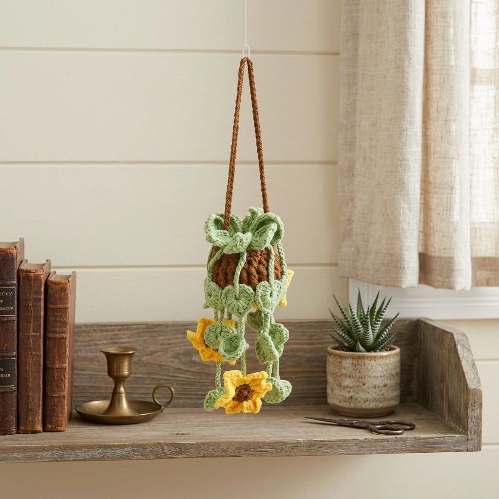 Handmade Crochet Hanging Sunflower Potted Ornament Everlasting Soft Yarn Crochet Blossom Indoor Home Hanging Decor — Yellow in a home setting; styling props not included. [fastbatch-156]