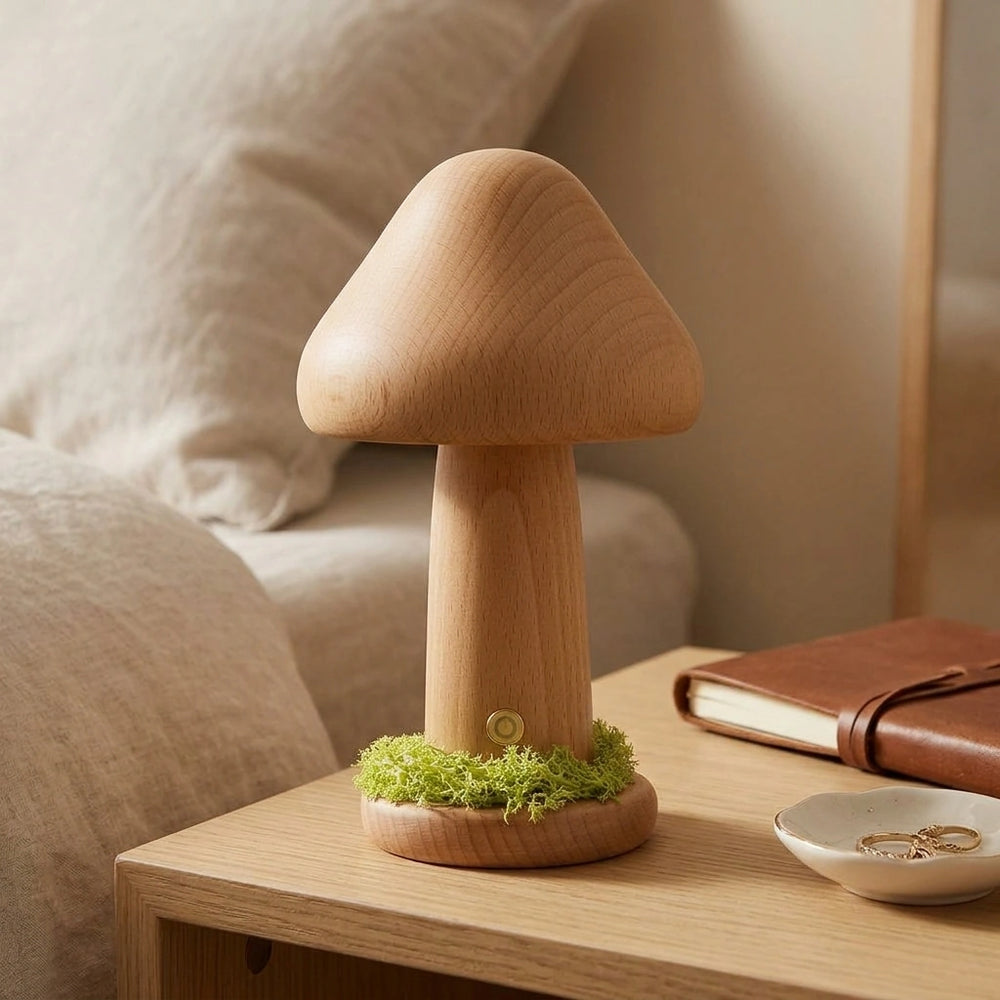 Twisted Mushroom Night Warm Light Touch Bedroom Bedhead Night Light Beech Wood LED USB Decorative Atmosphere Lamps Home Decor — Monochrome Warm Light-Large Beech Usb Charging in a home setting; styling props not included. [fastbatch-157]