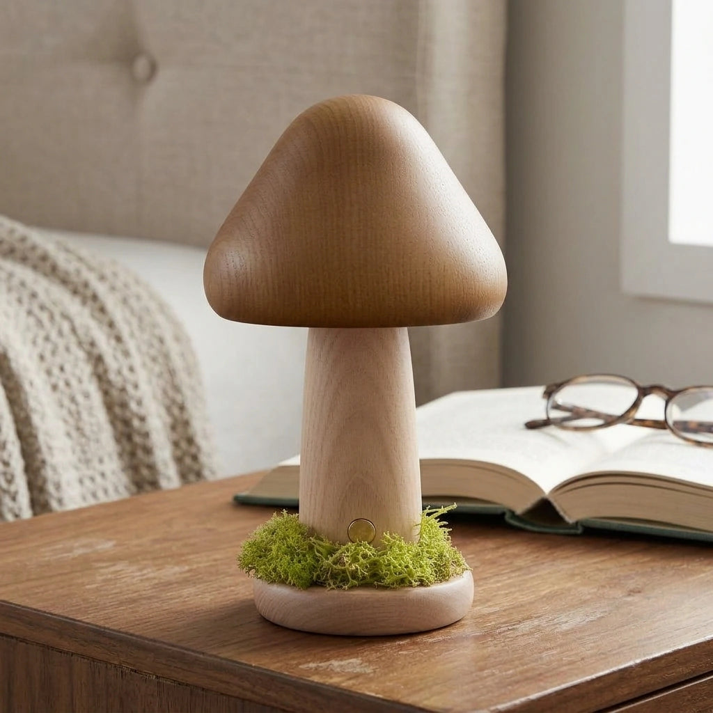 Twisted Mushroom Night Warm Light Touch Bedroom Bedhead Night Light Beech Wood LED USB Decorative Atmosphere Lamps Home Decor — Monochrome Warm Light-Large Walnut Usb Charging in a home setting; styling props not included. [fastbatch-158]