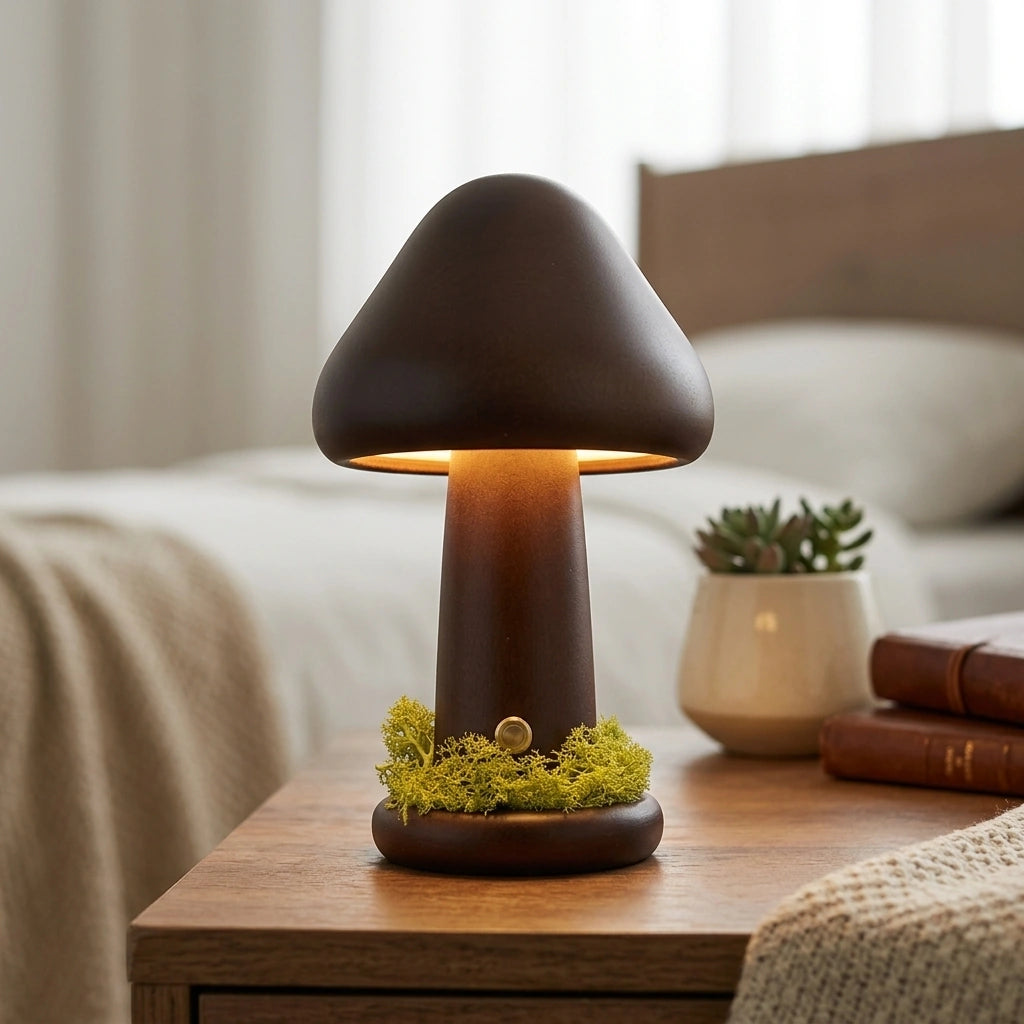Twisted Mushroom Night Warm Light Touch Bedroom Bedhead Night Light Beech Wood LED USB Decorative Atmosphere Lamps Home Decor — Monochrome Warm Light-Large Brown Usb Charging in a home setting; styling props not included. [fastbatch-159]