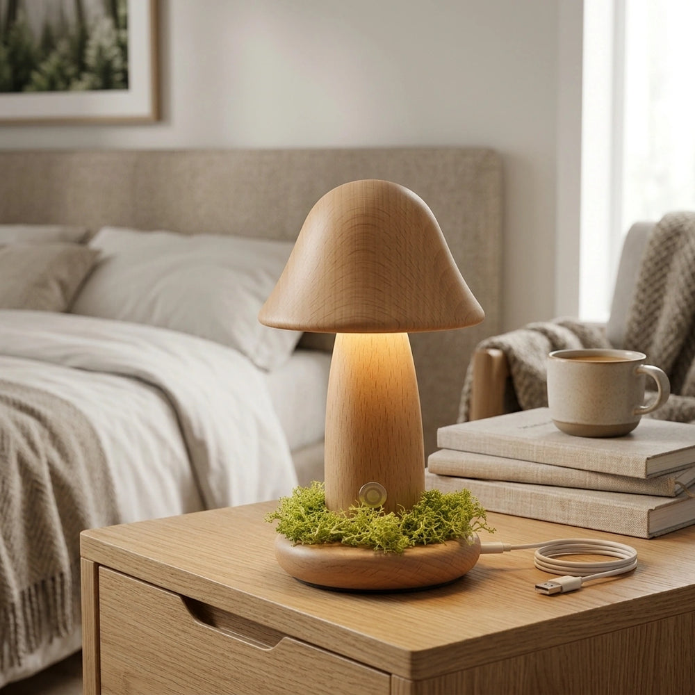 Twisted Mushroom Night Warm Light Touch Bedroom Bedhead Night Light Beech Wood LED USB Decorative Atmosphere Lamps Home Decor — Monochrome Warm Light-Small Size Beech Usb Charging in a home setting; styling props not included. [fastbatch-160]