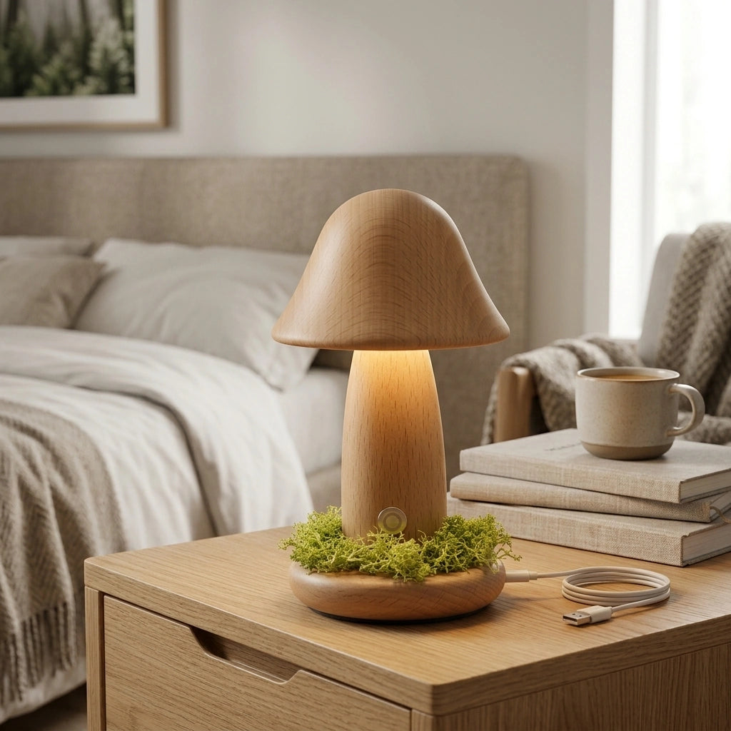 Twisted Mushroom Night Warm Light Touch Bedroom Bedhead Night Light Beech Wood LED USB Decorative Atmosphere Lamps Home Decor — Monochrome Warm Light-Small Size Beech Usb Charging in a home setting; styling props not included. [fastbatch-160]