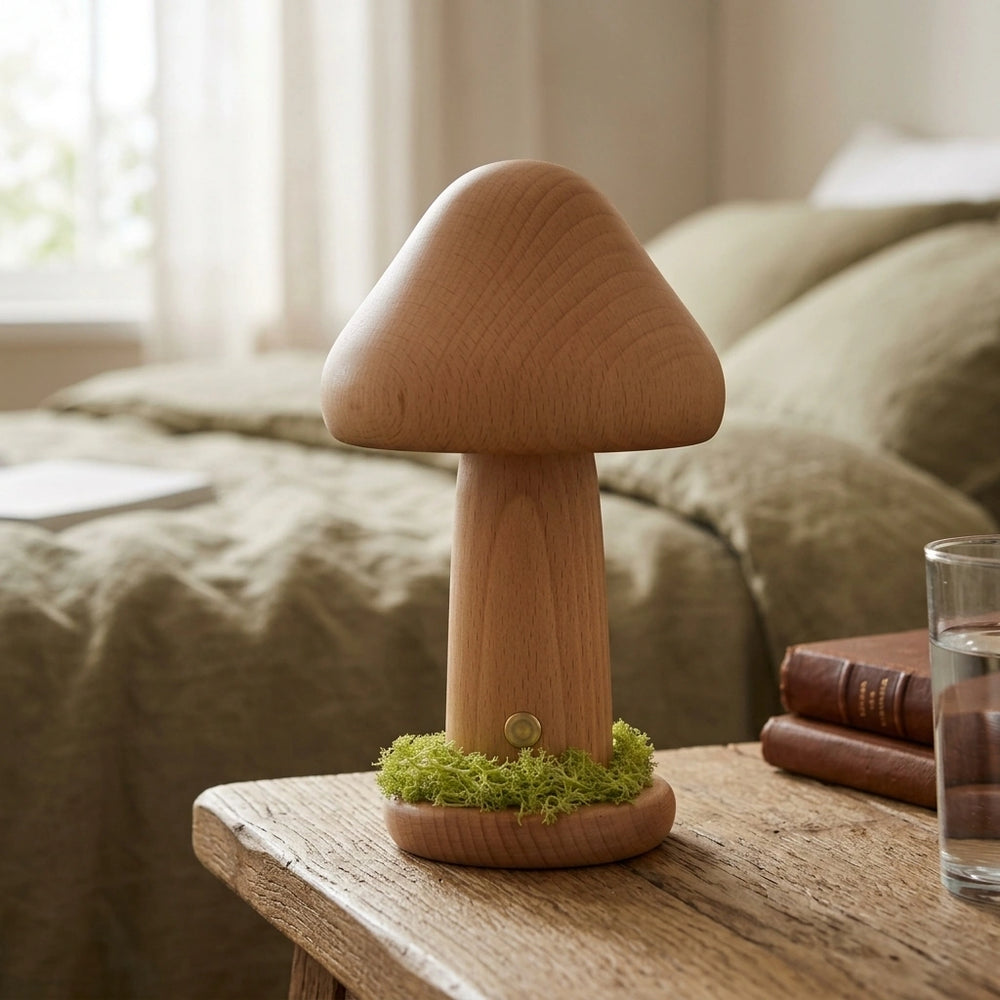 Twisted Mushroom Night Warm Light Touch Bedroom Bedhead Night Light Beech Wood LED USB Decorative Atmosphere Lamps Home Decor — Tricolor Light-Large Beech Usb Charging in a home setting; styling props not included. [fastbatch-161]