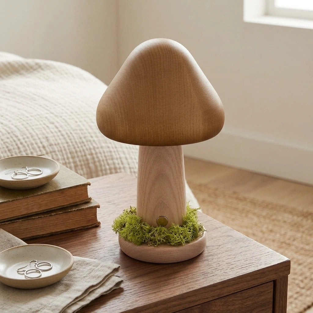 Twisted Mushroom Night Warm Light Touch Bedroom Bedhead Night Light Beech Wood LED USB Decorative Atmosphere Lamps Home Decor — Tricolor Light-Large Walnut Usb Charging in a home setting; styling props not included. [fastbatch-162]
