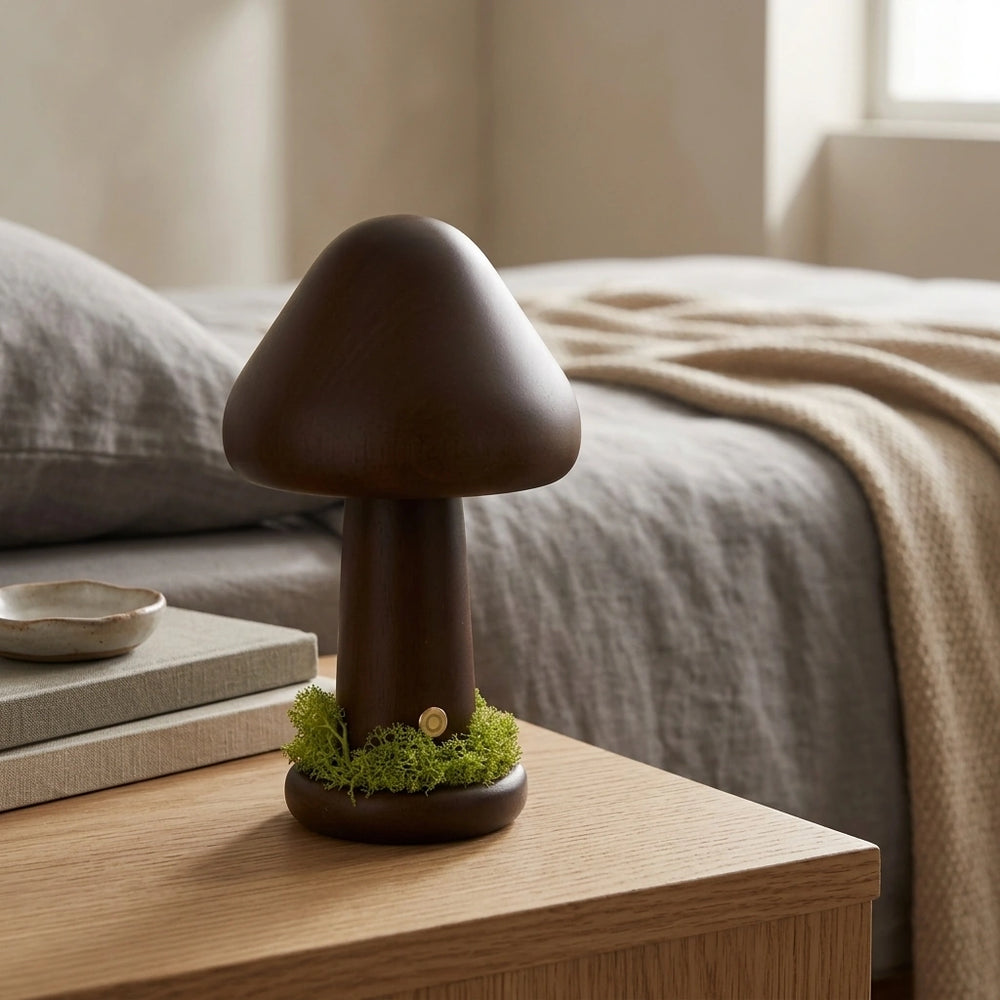 Twisted Mushroom Night Warm Light Touch Bedroom Bedhead Night Light Beech Wood LED USB Decorative Atmosphere Lamps Home Decor — Tricolor Light-Large Brown Usb Charging in a home setting; styling props not included. [fastbatch-163]
