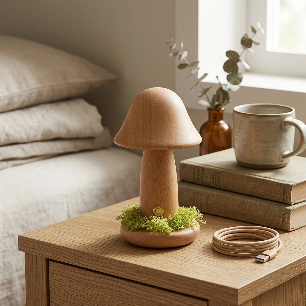 Twisted Mushroom Night Warm Light Touch Bedroom Bedhead Night Light Beech Wood LED USB Decorative Atmosphere Lamps Home Decor — Tricolor Light-Small Size Beech Usb Charging in a home setting; styling props not included. [fastbatch-164]