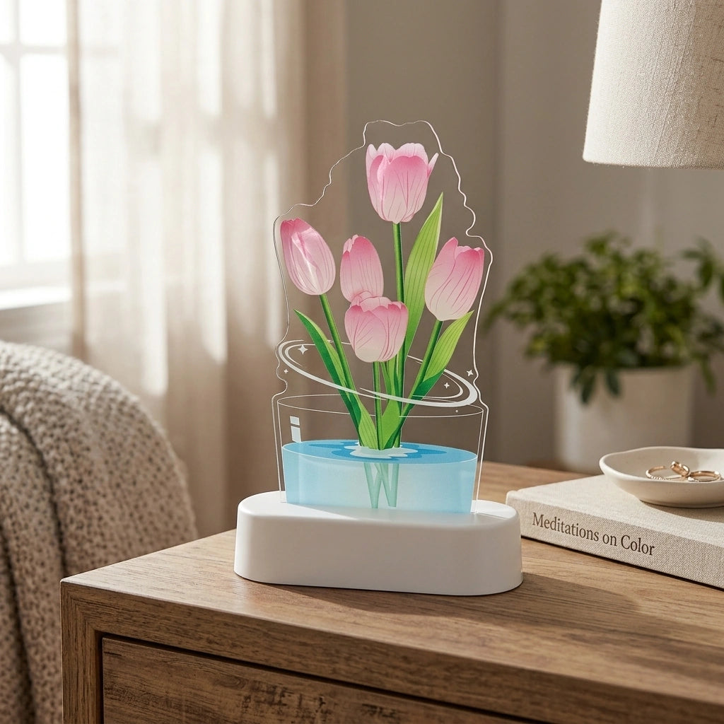UV Color Printing Tulip Light Decorative Ornaments Small Night Lamp Home Decor — Pink Tulip in a home setting; styling props not included. [fastbatch-167]