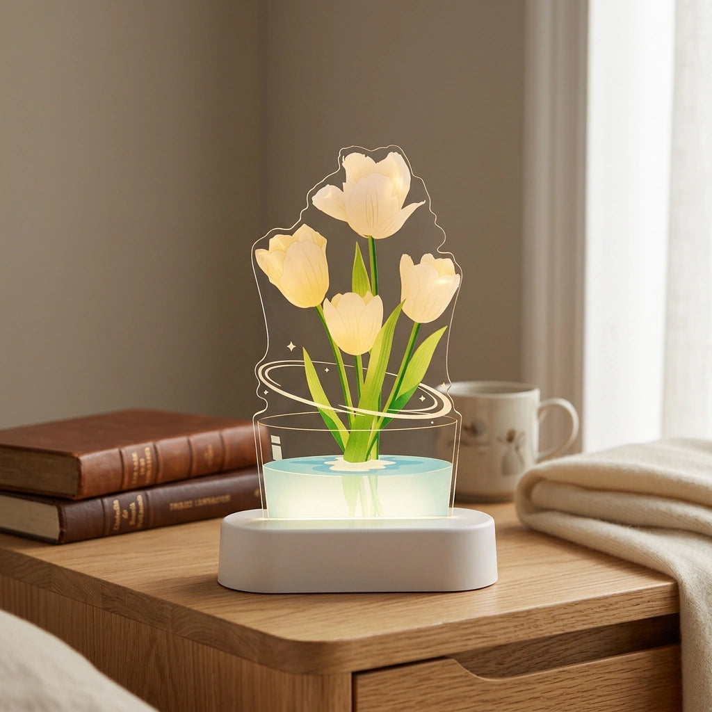 UV Color Printing Tulip Light Decorative Ornaments Small Night Lamp Home Decor — Champagne Tulip in a home setting; styling props not included. [fastbatch-168]