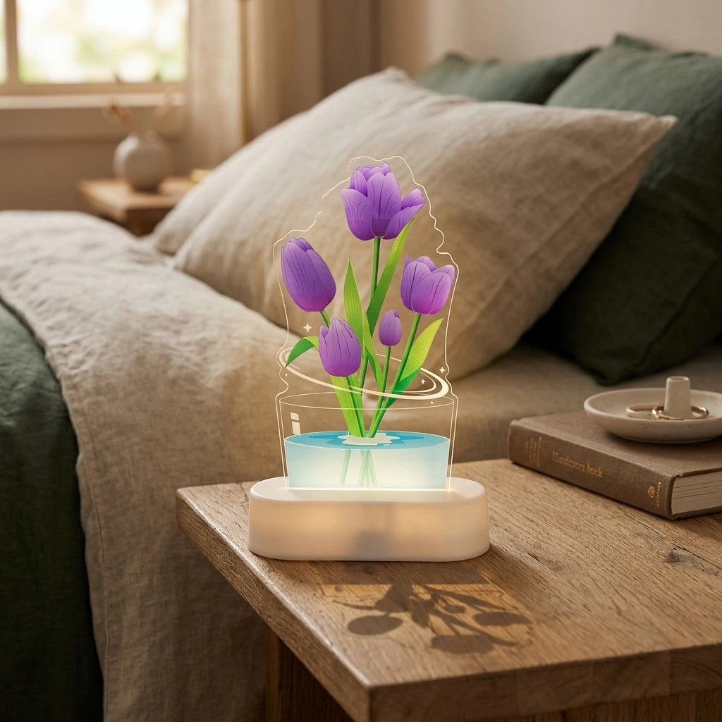 UV Color Printing Tulip Light Decorative Ornaments Small Night Lamp Home Decor — Purple Tulip in a home setting; styling props not included. [fastbatch-169]