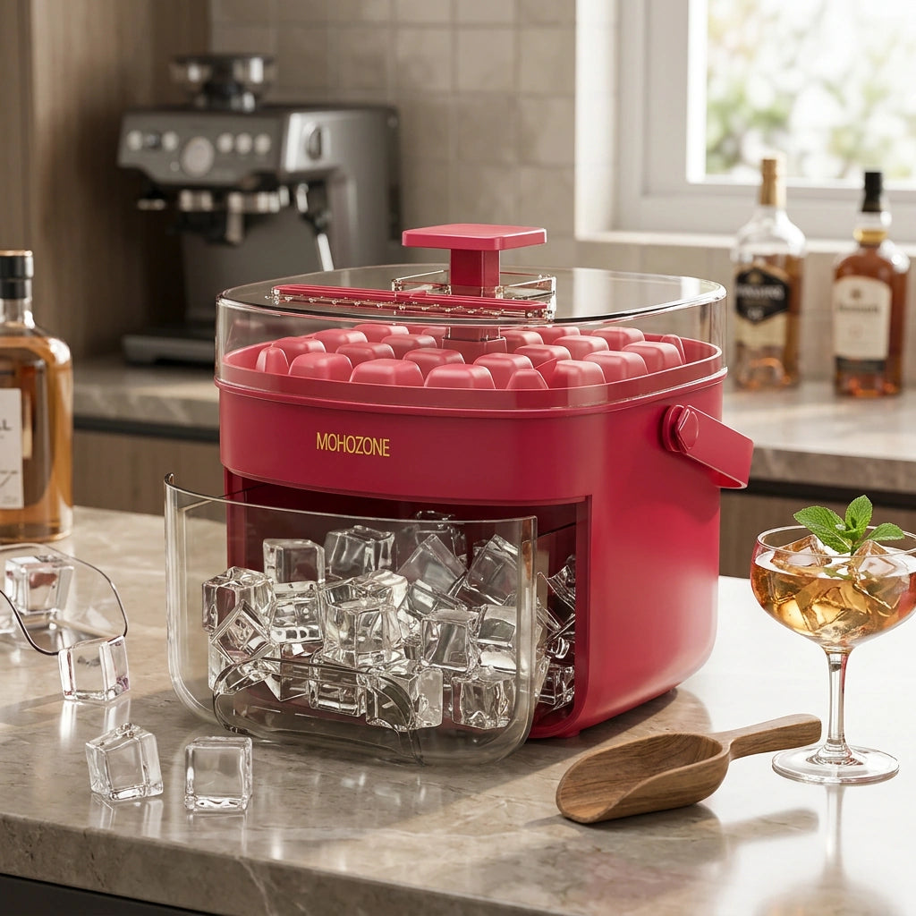 Press-type Convenient Outdoor Portable Ice Tray Large Capacity Ice Bucket 48 Extra-Large Ice Maker Food Grade Plastic Storage Tray Essential Kitchen Gadget — 48 Grid Rose Red in a home setting; styling props not included. [fastbatch-17]
