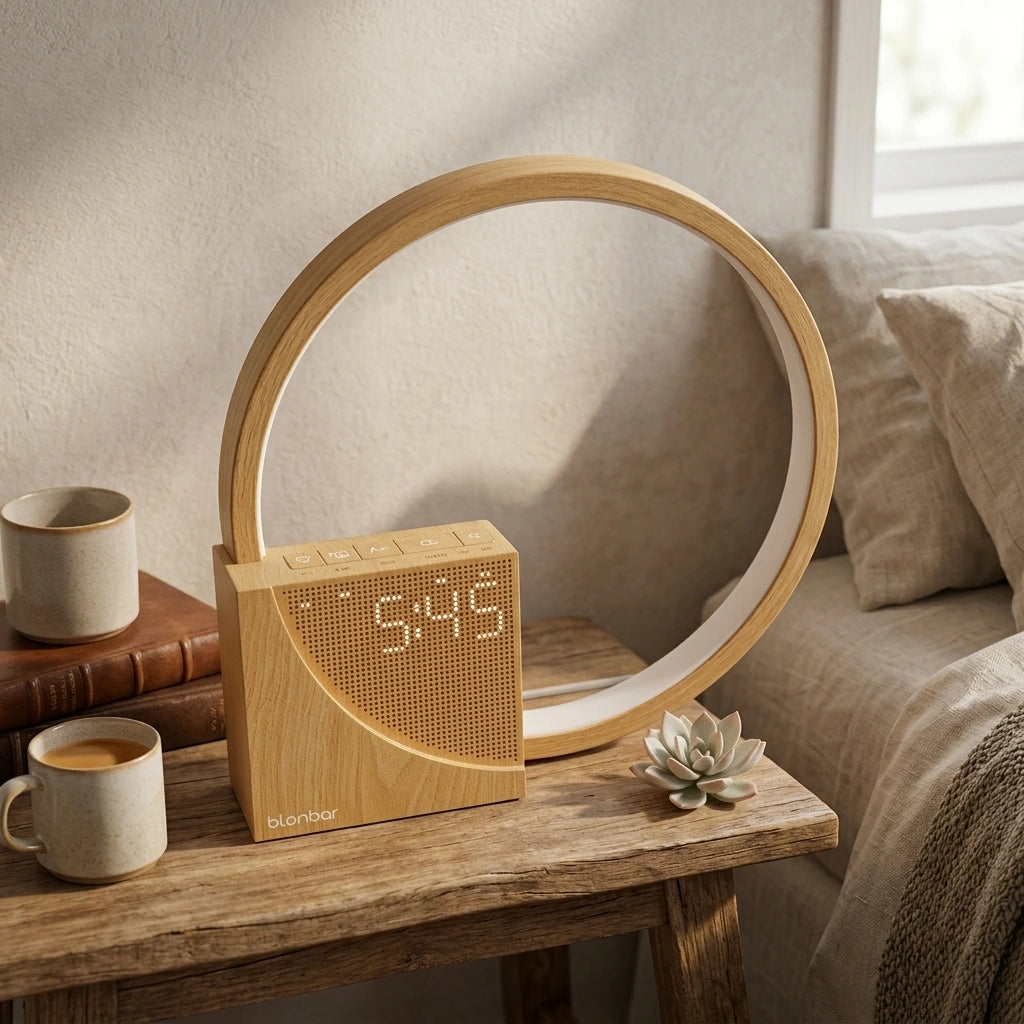 Bedside Lamp Touch Table Lamp With Natural Sounds, Desk Lamp With Alarm Clock, Touch Control 3 Levels Brightness Home Decor — US-Wooden in a home setting; styling props not included. [fastbatch-170]