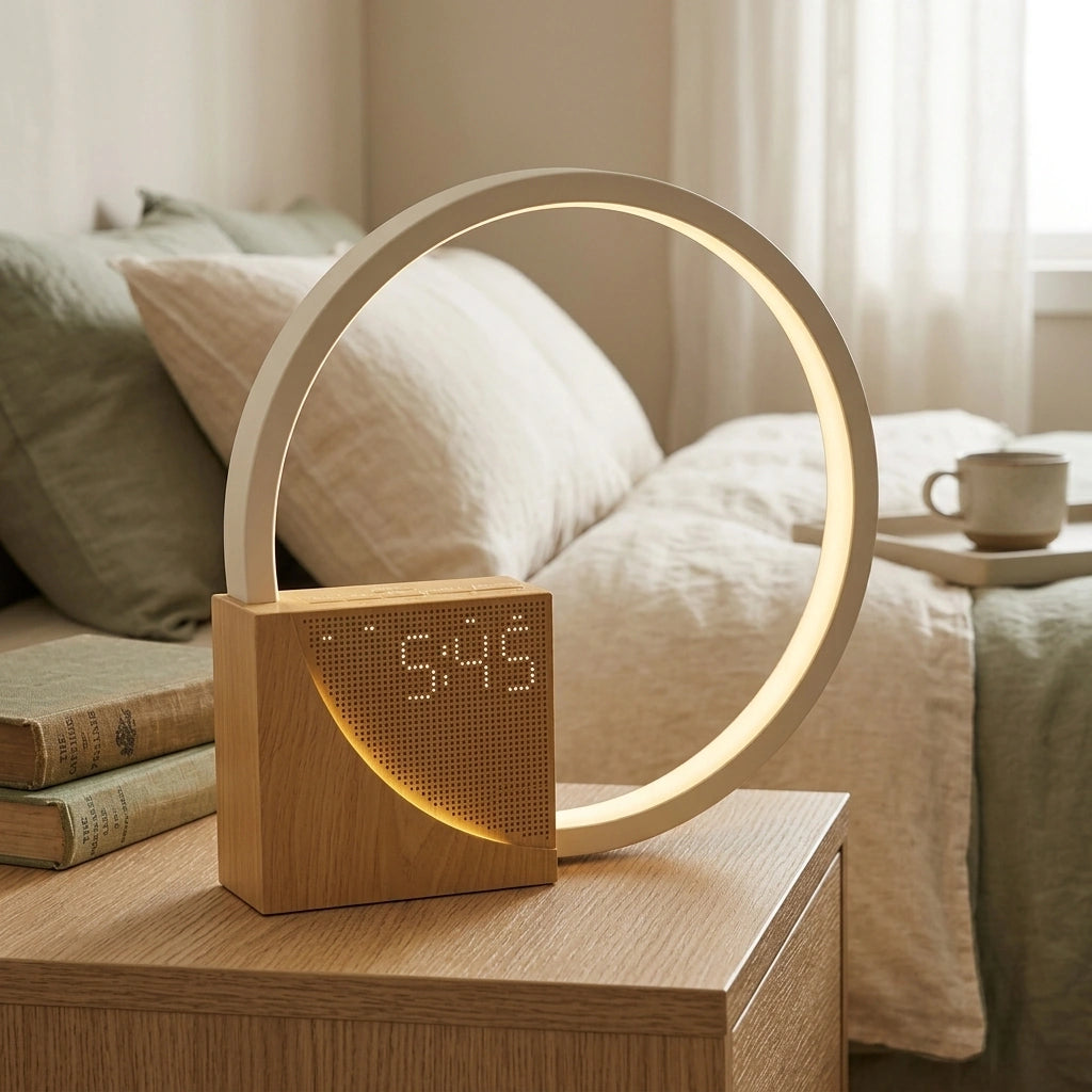 Bedside Lamp Touch Table Lamp With Natural Sounds, Desk Lamp With Alarm Clock, Touch Control 3 Levels Brightness Home Decor — AU-Wooden in a home setting; styling props not included. [fastbatch-173]