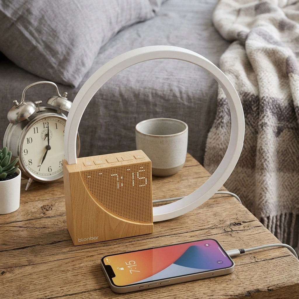 Bedside Lamp Touch Table Lamp With Natural Sounds, Desk Lamp With Alarm Clock, Touch Control 3 Levels Brightness Home Decor — UK-Wooden in a home setting; styling props not included. [fastbatch-174]