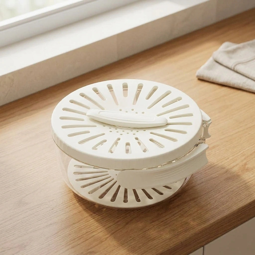 Fruit Drain Basket With Lid Vegetable Washing Bowl Foldable Handle Cleaning Colander Plastic Refrigerator Crisper Kitchen Box Kitchen Gadgets — White-1PCS in a home setting; styling props not included. [fastbatch-177]
