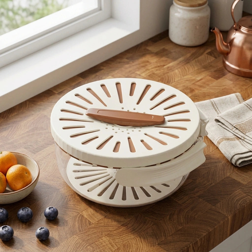 Fruit Drain Basket With Lid Vegetable Washing Bowl Foldable Handle Cleaning Colander Plastic Refrigerator Crisper Kitchen Box Kitchen Gadgets — Brown-1PCS in a home setting; styling props not included. [fastbatch-178]