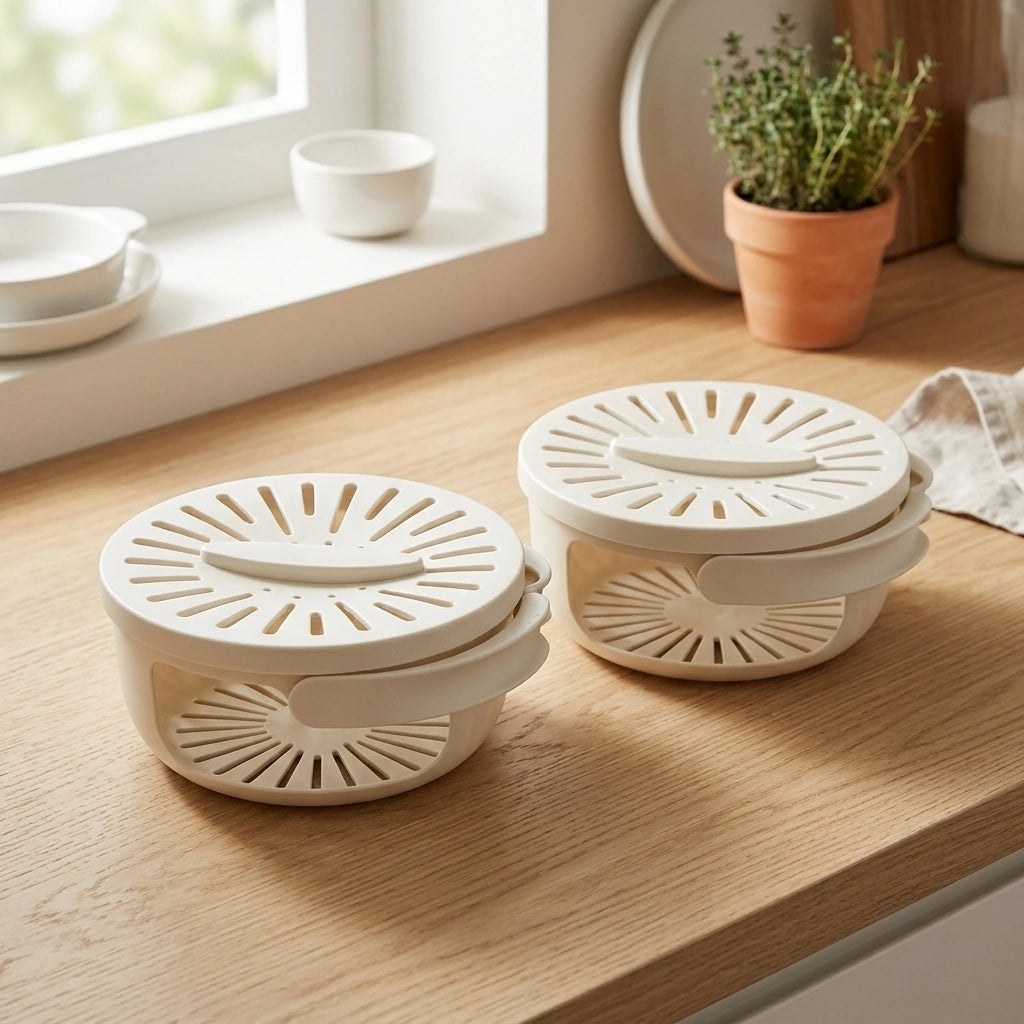 Fruit Drain Basket With Lid Vegetable Washing Bowl Foldable Handle Cleaning Colander Plastic Refrigerator Crisper Kitchen Box Kitchen Gadgets — White-2PCS in a home setting; styling props not included. [fastbatch-179]