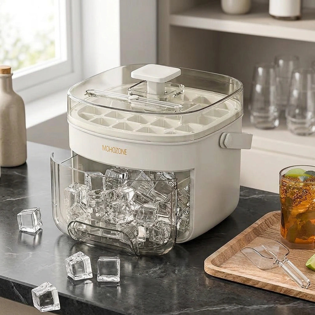 Press-type Convenient Outdoor Portable Ice Tray Large Capacity Ice Bucket 48 Extra-Large Ice Maker Food Grade Plastic Storage Tray Essential Kitchen Gadget — 48 Grid Milky White in a home setting; styling props not included. [fastbatch-18]