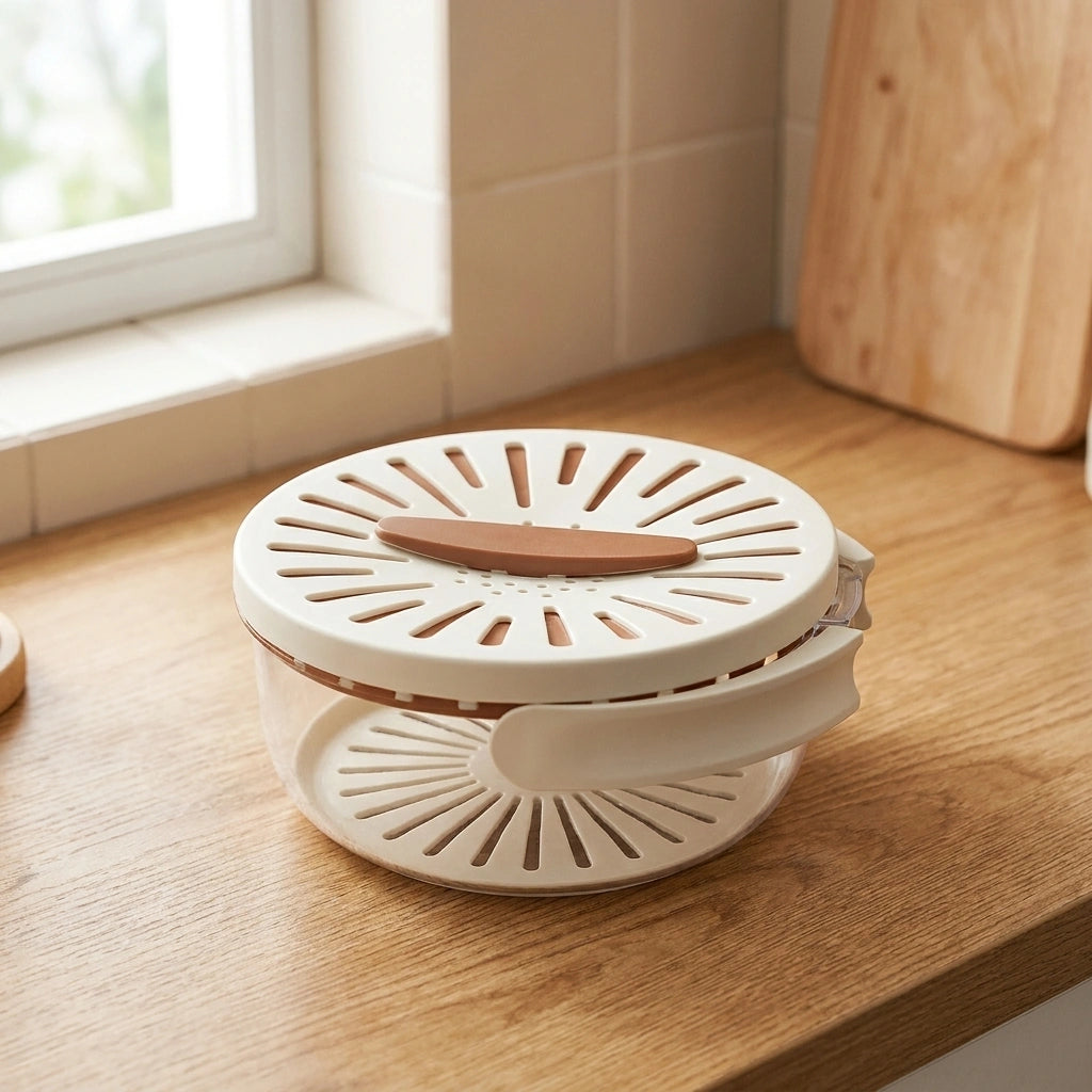 Fruit Drain Basket With Lid Vegetable Washing Bowl Foldable Handle Cleaning Colander Plastic Refrigerator Crisper Kitchen Box Kitchen Gadgets — Brown and white-1PCS in a home setting; styling props not included. [fastbatch-180]
