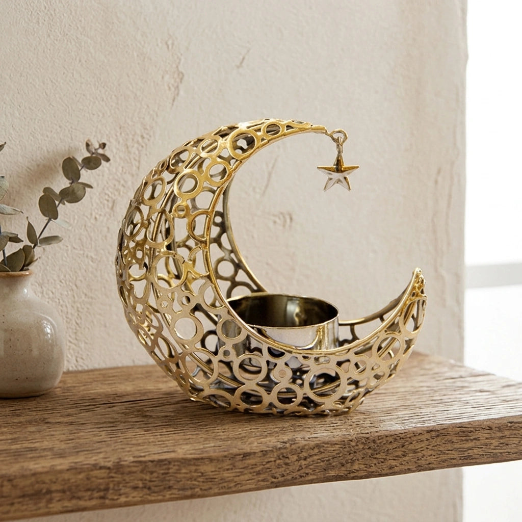 Light Luxury Crescent Moon Star Moon Black Gold Metal Candle Holder Modern Romantic Wedding Christmas Candle Cup Home Decor — Gold in a home setting; styling props not included. [fastbatch-181]