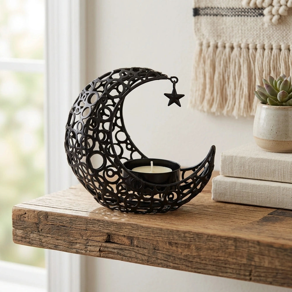 Light Luxury Crescent Moon Star Moon Black Gold Metal Candle Holder Modern Romantic Wedding Christmas Candle Cup Home Decor — Black in a home setting; styling props not included. [fastbatch-182]