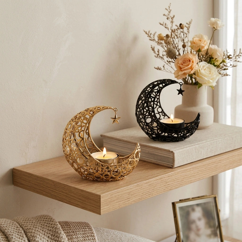 Light Luxury Crescent Moon Star Moon Black Gold Metal Candle Holder Modern Romantic Wedding Christmas Candle Cup Home Decor — 2pcs set in a home setting; styling props not included. [fastbatch-183]