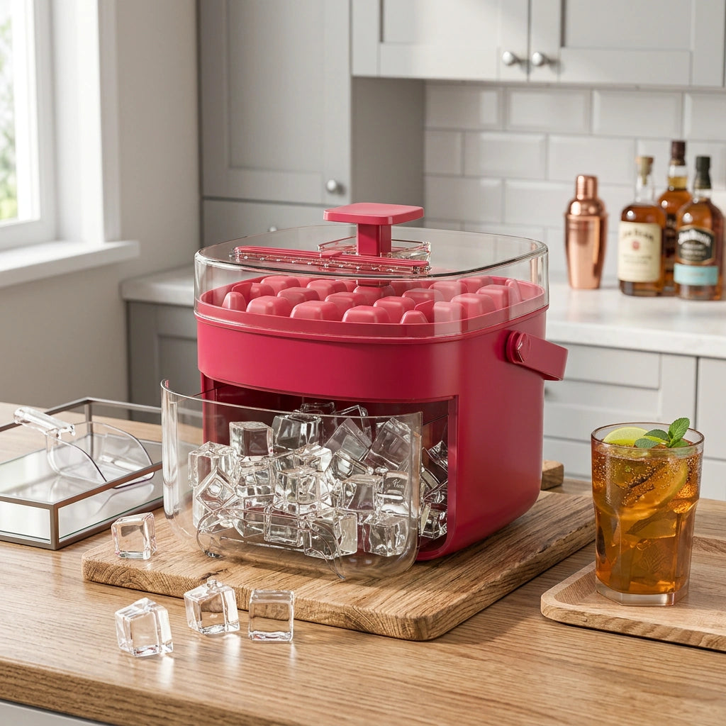 Press-type Convenient Outdoor Portable Ice Tray Large Capacity Ice Bucket 48 Extra-Large Ice Maker Food Grade Plastic Storage Tray Essential Kitchen Gadget — 24 Grid Rose Red in a home setting; styling props not included. [fastbatch-19]